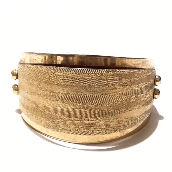 Vintage Mid Century Gold Tone Textured Cuff Bracelet - Picture 1 of 7
